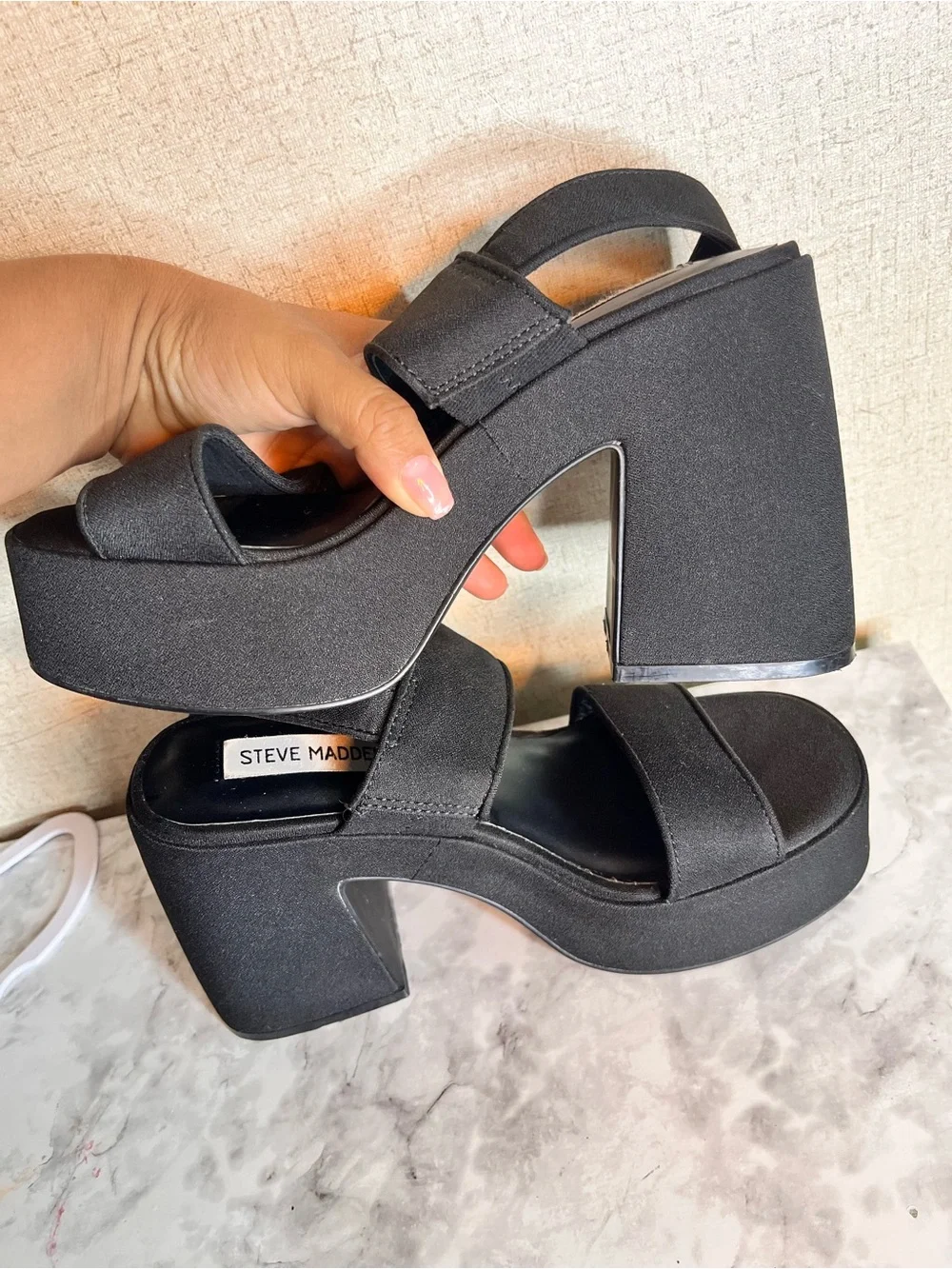 Steve Madden Black Platform Block Heel Sandals with Gold Buckle